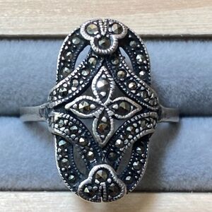 Judith Jack Sterling Marcasite Ring 6.5 Art Deco Oval Cocktail Vintage Look